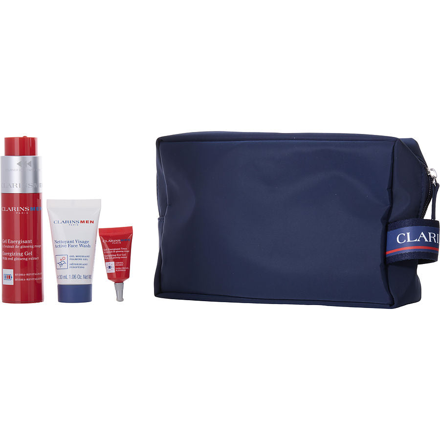 Clarins men energizing gel 50ml + active face wash 30ml + eye gel 3ml + bag -3pcs + bag